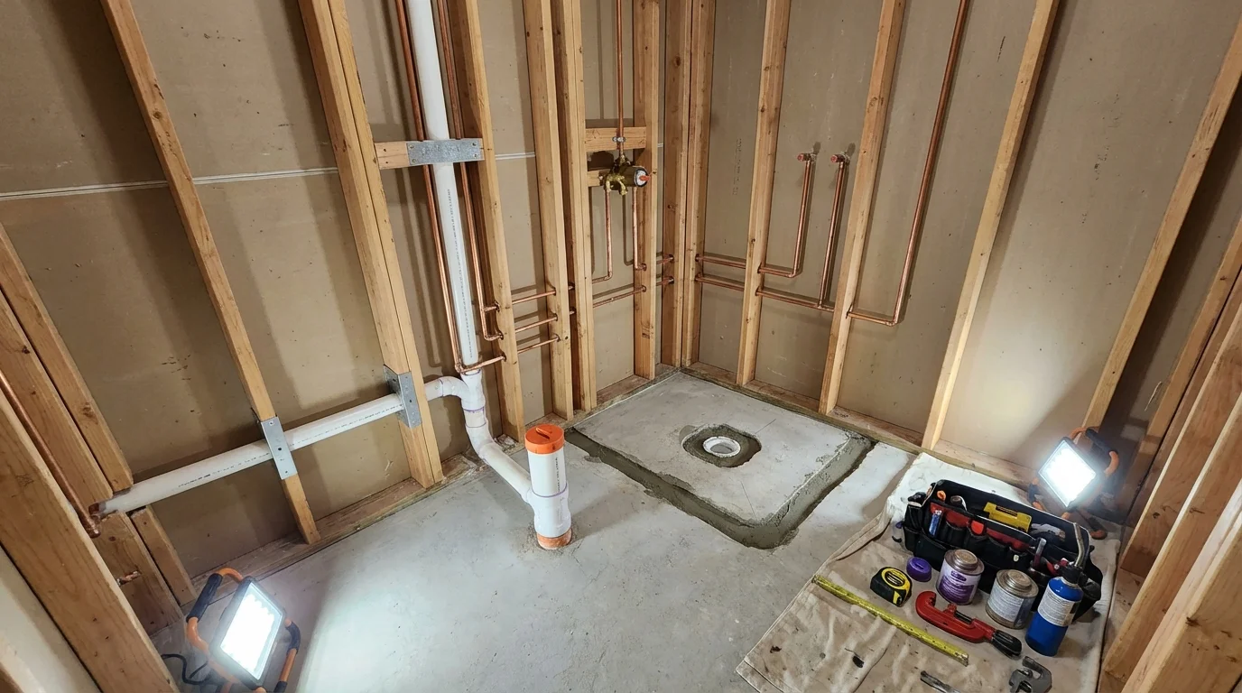 Bathroom rough-in plumbing during remodel by Johns Plumbing LLC in Mantorville