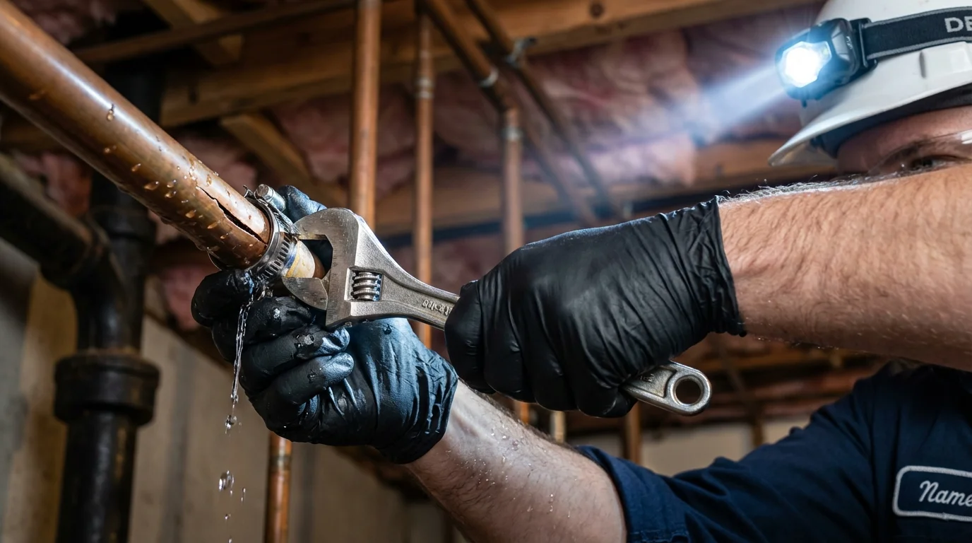 Emergency pipe clamp repair being performed by a Johns Plumbing LLC plumber in Mantorville