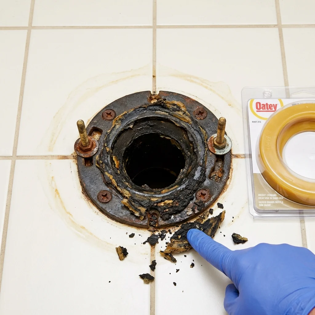 Failed wax ring showing water seepage at the base of a toilet in a Mantorville, MN home