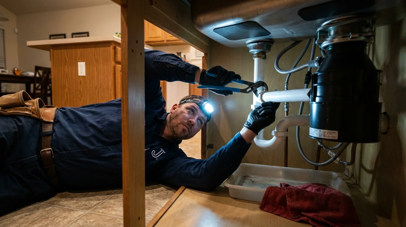 P-trap and supply line connections under a kitchen sink showing a common leak point in Mantorville, MN